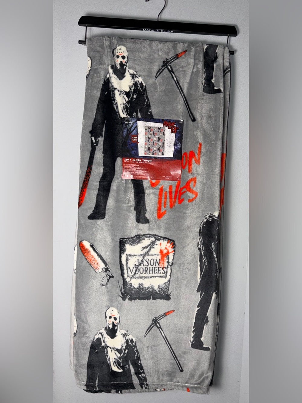 Friday the 13th Jason Lives Horror Movie Plush Throw Blanket in Gray & Red 50x70